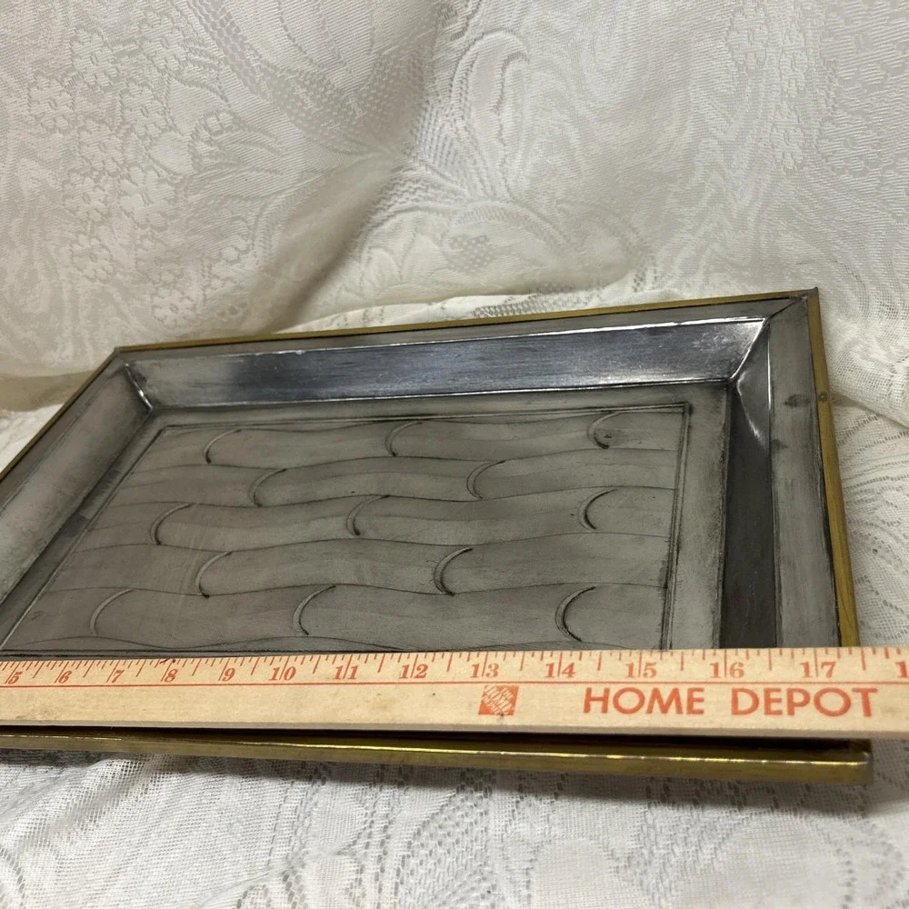 Metal Tray Two Tone‎ Silver Gold Faux Bamboo Pattern Made in Mexico